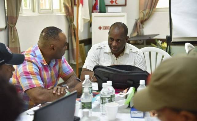 The Prime Minister of Dominica Roosevelt Skerrit in meeting with cabinet and other disaster officials. (Photo: Dominica News Online)