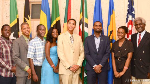 The 2015 Eastern Caribbean Youth Ambassadors (from left) Rol-J Williams, Kamalie Mannix, Alron Harry, Tessa Moncherie, Matthew McLawrence, Timothy Ferdinand (mentor), and Adiel Charles pose with U.S. Ambassador to Barbados, the Eastern Caribbean, and the OECS, Dr. Larry Palmer.