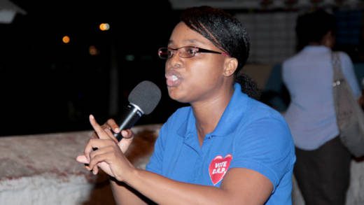 Leader and founder of the DRP Anesia Baptiste addressing the rally Thursday night. (IWN photo)