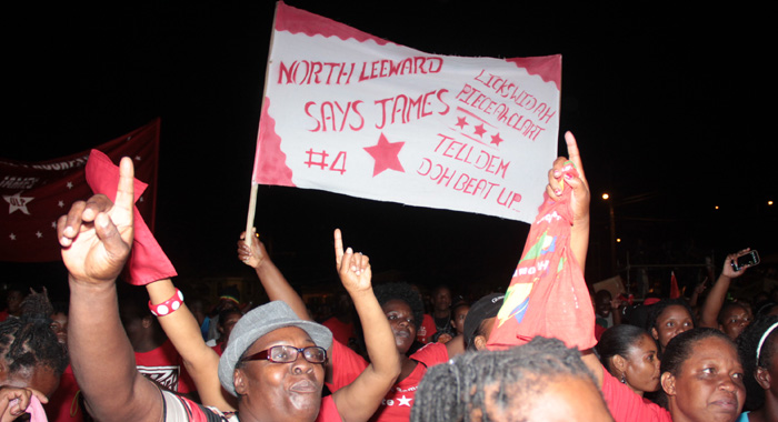 Carlos James supporters at the ULP rally in Chateaubelair on Aug. 30. (IWN photo)