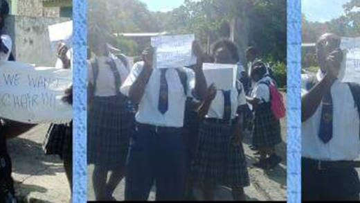 Petit Bordel Secondary School student protest the lack of chairs at their school. 