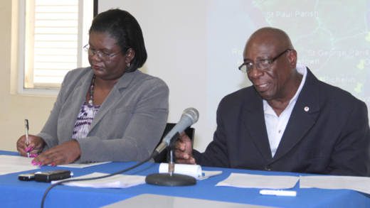 Michelle Forbes of NEMO, left, and Bernard Marksman of the SVG Red Cross have urged donations to Dominica. (IWN photo)
