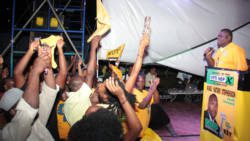 MP for North Leeward, Roland "Patel" Matthews addresses the NDP rally in Campden Park on Sunday. (IWN photo)