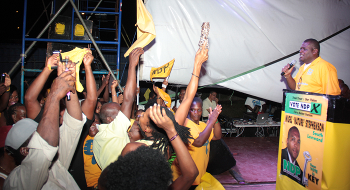 MP for North Leeward, Roland "Patel" Matthews addresses the NDP rally in Campden Park on Sunday. (IWN photo)