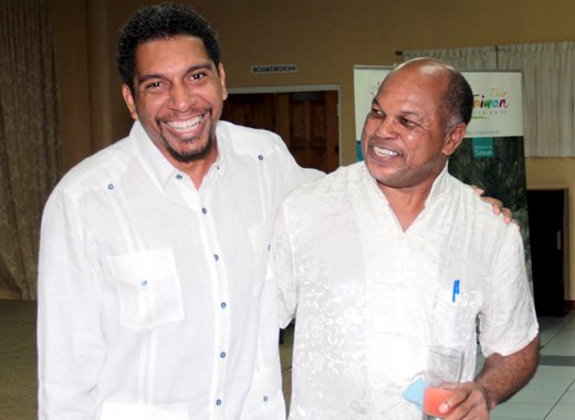Camillo Gonsalves of the ruling Unity Labour Party and then NDP chair, Dr. Linton Lewis at an event in Kingstown in October 2015. (IWN photo)