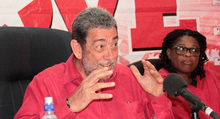 Prime Minister Dr. Ralph Gonsalves, seen here with first-time candidate Deborah Charles, says he will leave constitutional reform to a new set of leaders. (IWN photo)