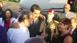 President Maduro and Prime Minister Gonsalves greet each other at E.T. Joshua Airport. (Photo: E. Glenford Prescott/IWN)