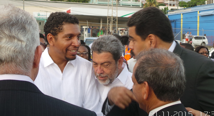 Minister of Foreign Affairs, Sen. Camillo Gonsalves, left, Prime Minister Ralph Gonsalves, centre, and  President Maduro at E.T. Joshua Airport. (Photo: E. Glenford Prescott/IWN)