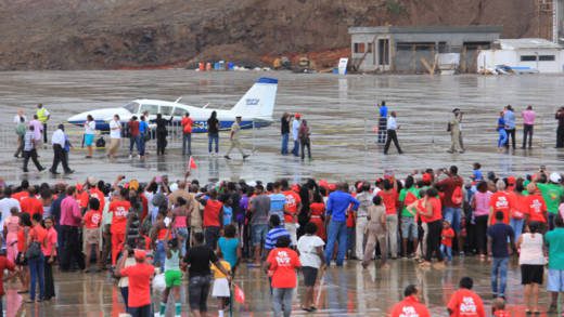 Prime Minister Ralph Gonsalves and ECCAA officials were on the first aircraft to land at Argyle International Airport. (IWN photo)