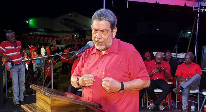 Prime Minister Dr. Ralph Gonsalves addresses the ULP rally in Campden Park on Saturday. (Photo: Lance Neverson/Facebook)