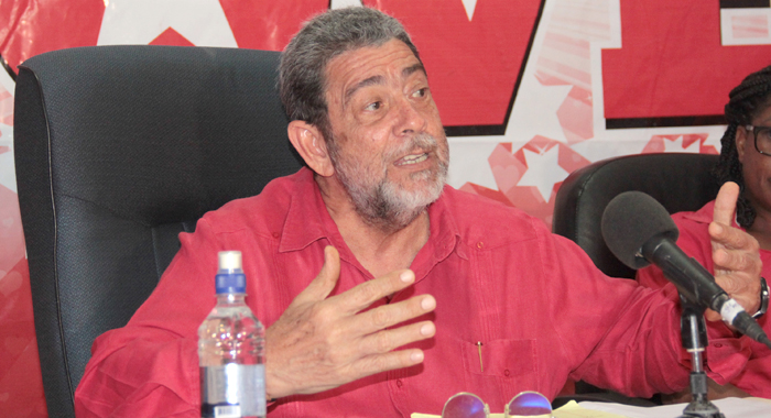 Prime Minister Dr. Ralph Gonsalves addresses the ULP press conference on Monday. (IWN photo)