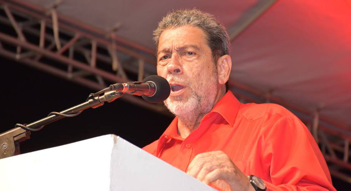 Prime Minister Dr. Ralph Gonsalves addresses the ULP rally in Arnos Vale on Saturday. (Photo: Anthony Dennies/Facebook)