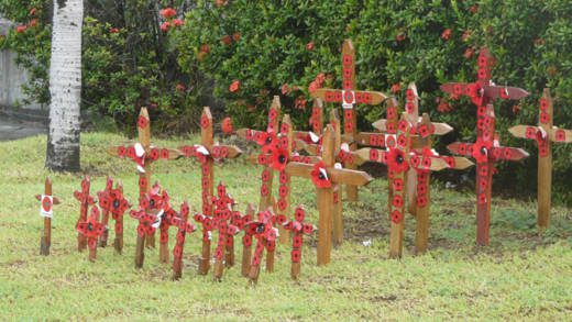 Crosses at the Cenotaph on Remembrance Day, last Sunday. (Police photo)