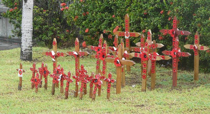 Crosses at the Cenotaph on Remembrance Day, last Sunday. (Police photo)