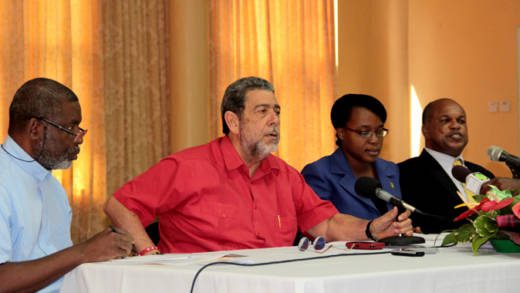 From left: Monsignor Mike Stewart, PM Ralph Gonsalves, Anesia Baptiste, Sen.Linton Lewis at the ceremony on Tuesday. (IWN photo)