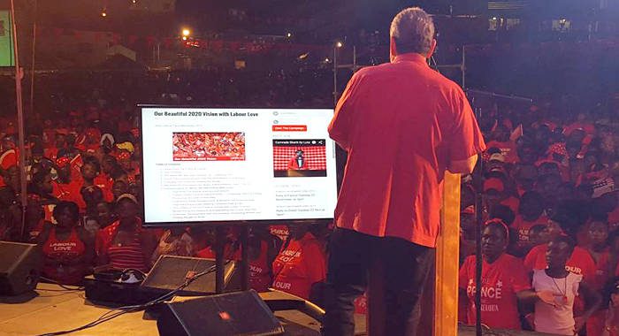 Prime Minister Ralph Gonsalves addresses the launch of the online version of the ULP's manifesto Saturday night. (Photo: Lance Neverson/Facebook)