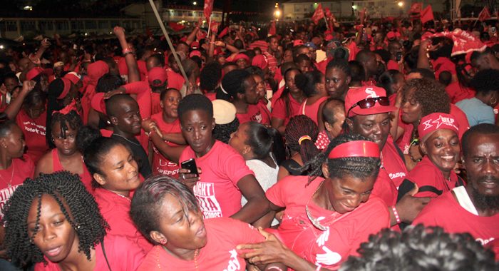 ULP supporters react to his announcement of the election date on Saturday. (IWN photo) 