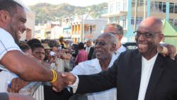 Opposition Leader Arnhim Eustace interacts with party supporters before the opening of Parliament last Tuesday. (IWN photo)