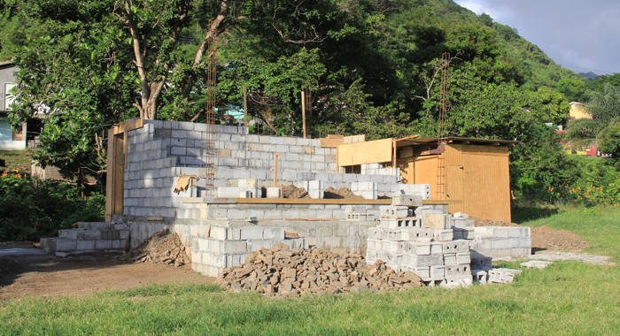 Observers say that the government is rushing to work on sporting facilities, such as this small structure being built at Buccament Bay Playing Field, in an effort to woo voters. (IWN photo)