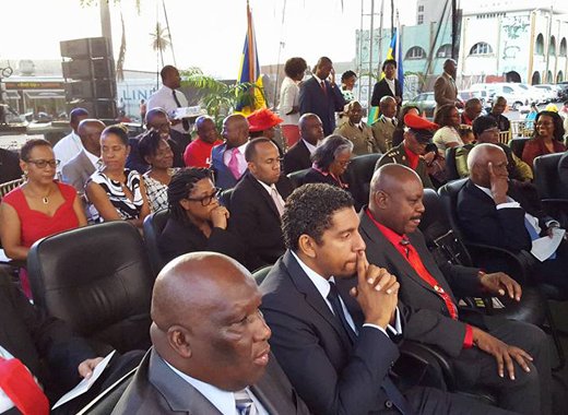Prime Minister Ralph Gonsalves, far right, members of the Cabinet and other person on the platform at Monday's event. (Photo: Lance Neverson/Facebook) 