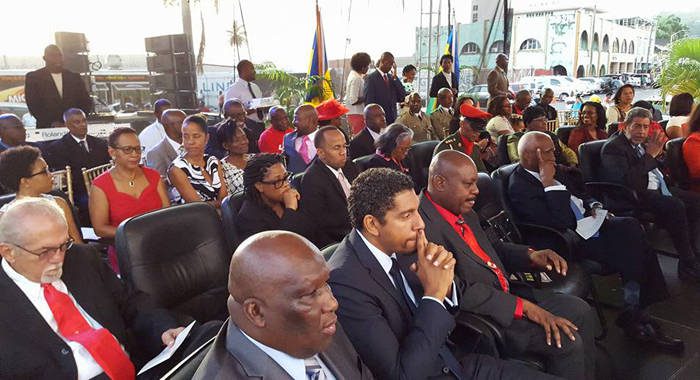 Prime Minister Ralph Gonsalves, far right, members of the Cabinet and other person on the platform at Monday's event. (Photo: Lance Neverson/Facebook) 
