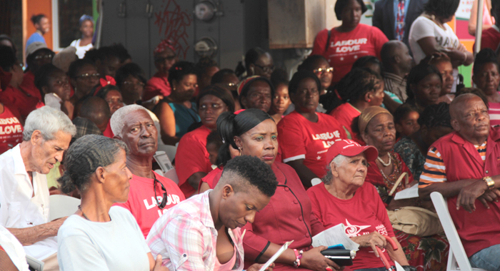 Many persons sore ULP colour (red) or campaign t-shirts to the swearing-in ceremony. (IWN photo)