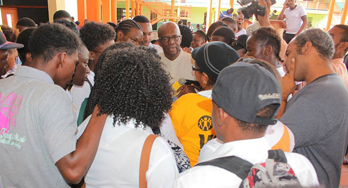 Opposition Leader Arnhim Eustace interacts with Community College students after a question and answer session organised by the college last week. (Photo: NDP/Facebook)