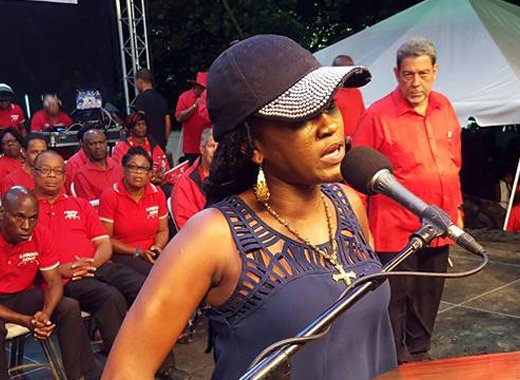 Prime Minister Dr. Ralph Gonsalves and other members of the ULP platform looks on as Fya Empress addresses the ULP  rally on Saturday. (Photo: Lance Neverson/Facebook)