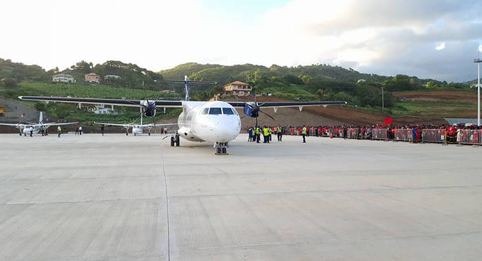 A LIAT aircraft landed at Argyle on Sunday as part of the ULP rally there. (Photo: Lance Neverson/Facebook)