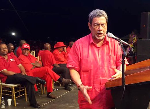 Prime Minister Dr. Ralph Gonsalves addresses ULP supporters at Argyle Saturday night. (Photo: Lance Neverson/Facebook)