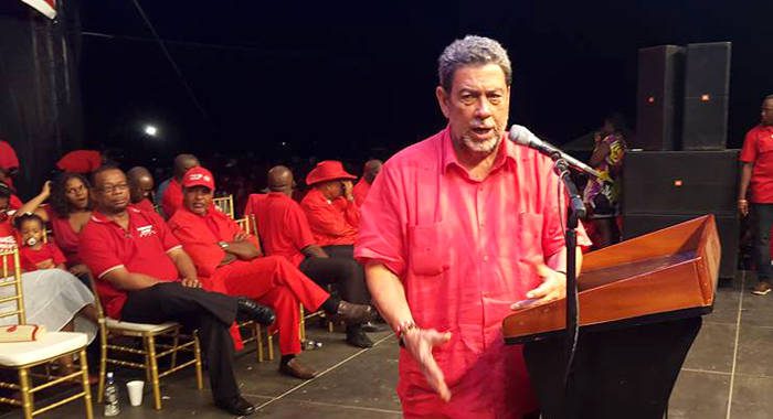 Prime Minister Dr. Ralph Gonsalves addresses ULP supporters at Argyle Saturday night. (Photo: Lance Neverson/Facebook)