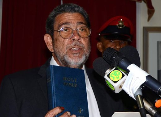 Dr. Ralph Gonsalves takes the oath of office as Prime Minister of St. Vincent and the Grenadines for a fourth consecutive term. (Photo: Lance Neverson/Facebook)