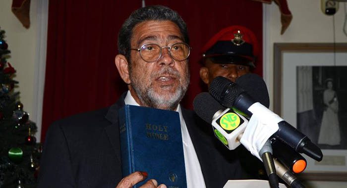 Dr. Ralph Gonsalves takes the oath of office as Prime Minister of St. Vincent and the Grenadines for a fourth consecutive term. (Photo: Lance Neverson/Facebook)