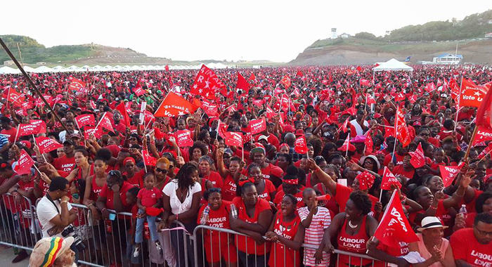 A section of the crowd at a ULP election rally at the unfinished Argyle airport on Dec. 6, 2015. (Photo: Lance Neverson/Facebook)