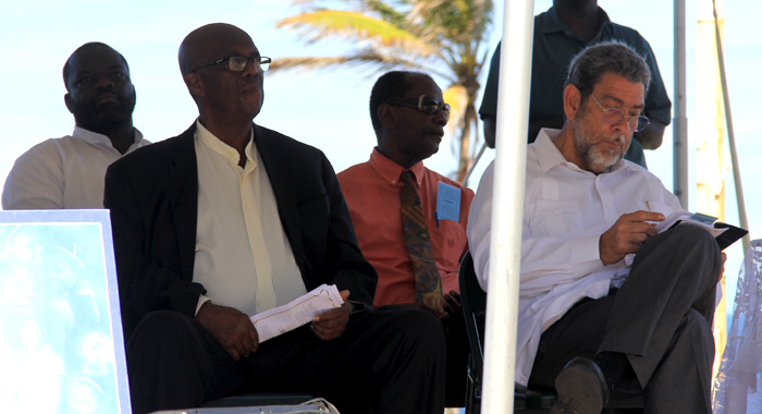 Leader of the Opposition Arnhim Eustace, front left, and Prime Minister Ralph Gonsalves, front right, at the Memorial Service on Tuesday. (IWN photo)