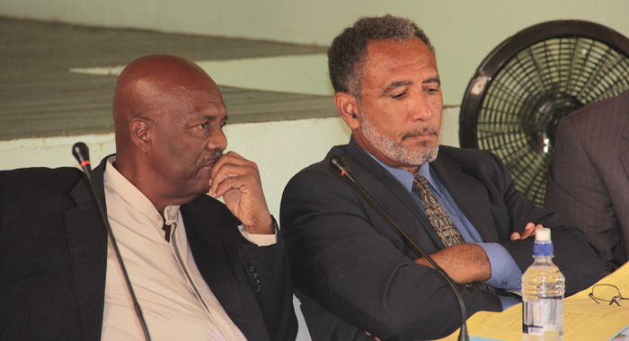 NDP president, Arnhim Eustace, left, and vice-president, Godwin Friday, at the press conference. (IWN photo)
