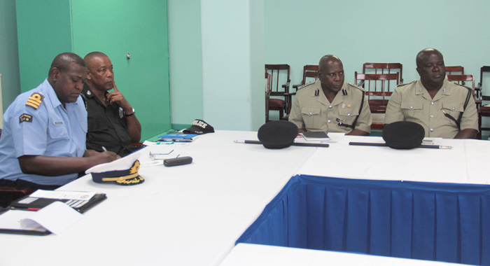 Commissioner of Police Michael Charles, second right, and other senior officers at Friday's launch. (IWN photo)