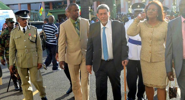 Prime Minister Ralph Gonsalves uses a walking stick on his way to Parliament on Monday. (Photo: Kingsley Roberts/Facebook)