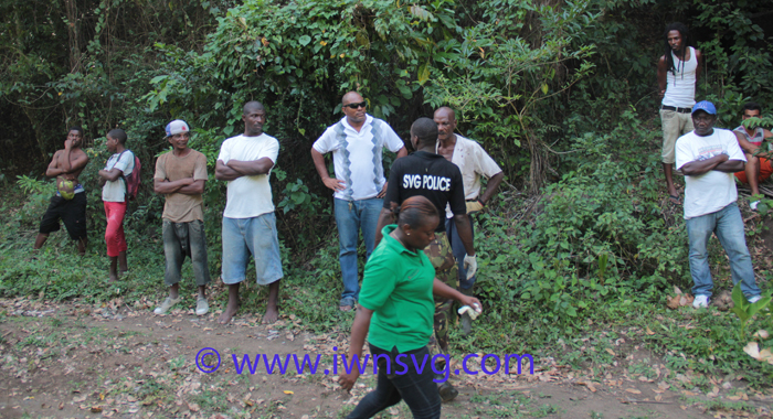 Police an onlookers, including MP for South Leeward, Nigel "Nature" Stephenson, (in sunglasses) await the retrieval of the second body. (IWN photo)