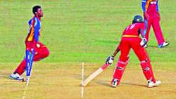 West Indies pacer Keemo Paul, left, "mankading'" Zimbabwe's Richard Ngarava to steal a two-run win and a place in the quarterfinals of the ICC U-19 World Cup at the Zahur Ahmed Chowdhury Stadium in Chittagong Tuesday. Photo: Internet