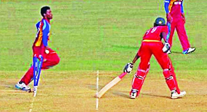 West Indies pacer Keemo Paul, left, "mankading'" Zimbabwe's Richard Ngarava to steal a two-run win and a place in the quarterfinals of the ICC U-19 World Cup at the Zahur Ahmed Chowdhury Stadium in Chittagong Tuesday. Photo: Internet