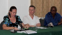 Co-ordinator of the SVG Preservation Fund, Louise Mitchell, singer-songwriter Bryan Adams, and Andre Iton at Thursday's launch. (IWN photo)