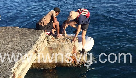 Visitors embark at the dilapidated jetty at Chateaubelair in March 2013. (iWN photo)