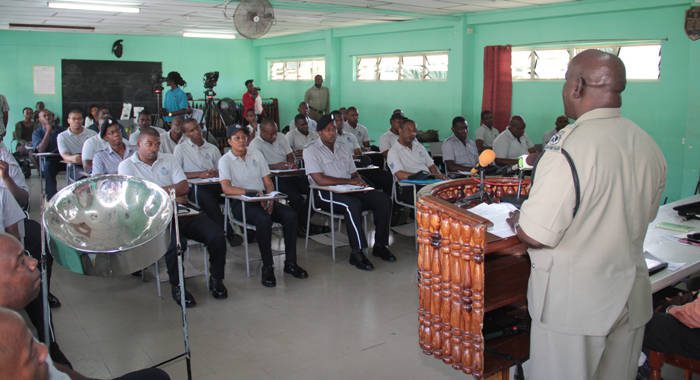 Commissioner of Police Michael Charles address fire fighters at the beginning of the training programme. (IWN photo)