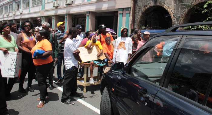 Protesters blocked the road in Kingstown on Friday. (IWN photo)