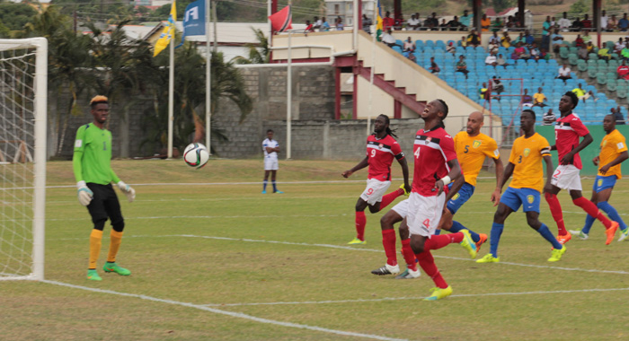 DENIED: Vincy Heat deny the Soca Warriors another goal. (IWN photo)