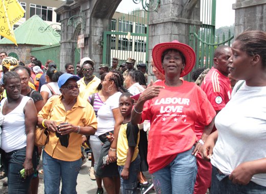ULP and NDP supporters outside the court precinct on Monday. (IWN photo)