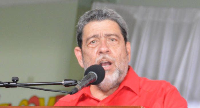 Prime Minister Dr. Ralph Gonsalves addresses the ULP's convention on Sunday. (Photo: Duggie "Nose" Joseph/