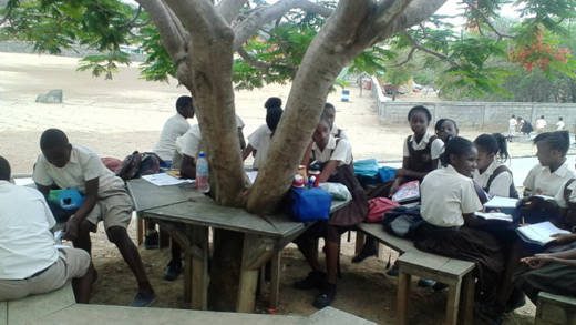 The shade of a tree has become the classroom for Grade 6 students at the Canouan primary school. (Photo: Facebook)