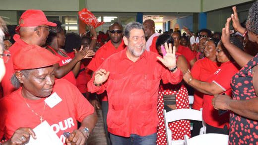 Prime Minister Ralph Gonsalves arrives at the ULP convention on Sunday. (Photo: Kingsley Roberts/Facebook)